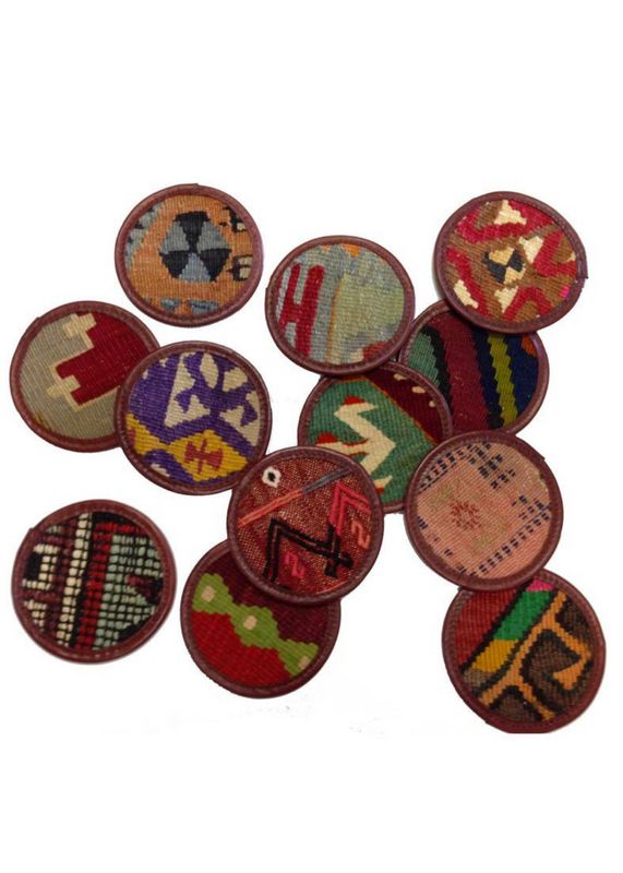 Miscellany - Kilim Coasters - Brown Leather, Set/4