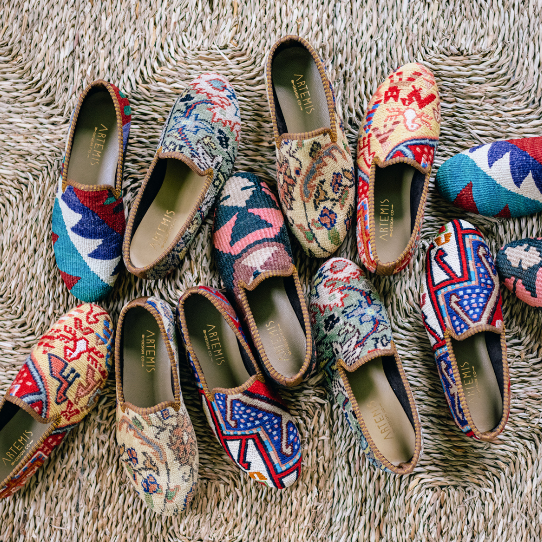 Men's kilim, sumak, and carpet loafers on a seagrass rug