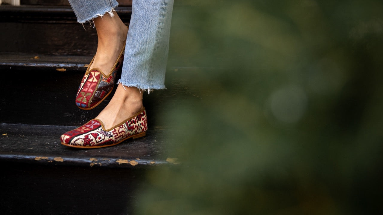 kilim shoes stepping down stairs