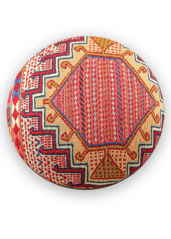 The Artemis Design & Co Footstool is a charming and versatile accent piece, showcasing a delightful color palette of red, white, cream, green, peach, blue, and brown. Meticulously crafted, this footstool seamlessly blends warm and cool tones, creating a stylish and functional addition to your living space. (Front View)