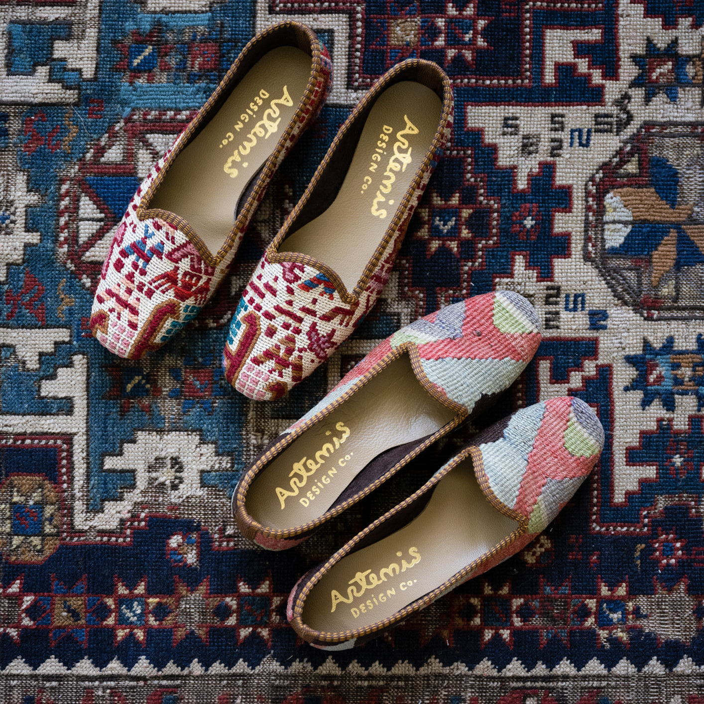 Kilim shoes and Sumak shoes on oriental carpet