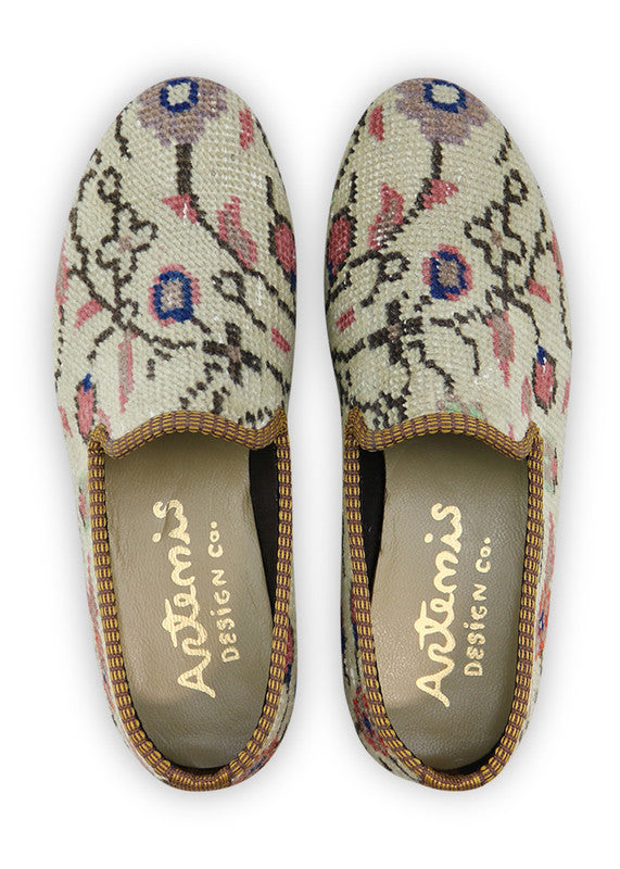 Artemis Design & Co Women's Smoking Shoes, adorned with a rich and earthy color combination of khaki, brown, teal, maroon, peach, and green, are a tasteful and versatile addition to any wardrobe. These handcrafted smoking shoes seamlessly blend style and comfort.  (Front View)