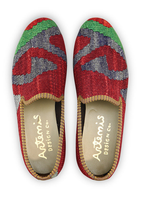 Artemis Design & Co Women's Smoking Shoes, featuring a captivating color combination of maroon, blue, green, and red-orange, are a chic and distinctive addition to your footwear collection. These handcrafted smoking shoes seamlessly blend style and comfort. (Front View)