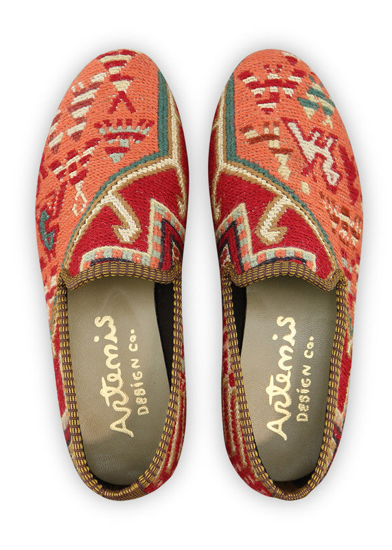 Artemis Design & Co Women's Smoking Shoes, featuring a delightful color combination of red, white, green, sky blue, grey, khaki, and peach, are a stylish and versatile addition to your footwear collection. These handcrafted smoking shoes effortlessly combine fashion and comfort. (Front View)