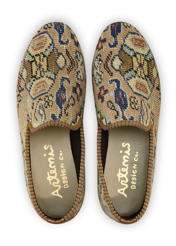 Artemis Design & Co Women's Smoking Shoes, adorned with a rich and earthy color combination of khaki, brown, teal, maroon, peach, and green, are a tasteful and versatile addition to any wardrobe. These handcrafted smoking shoes seamlessly blend style and comfort.  (Front View)
