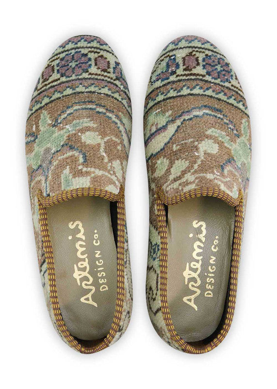 The Artemis Women's Smoking Shoe features a captivating color combination of khaki, blue, white, green, and brown lilac. These smoking shoes offer a delightful mix of earthy and pastel tones, creating a chic and trendy look. ( Front View)